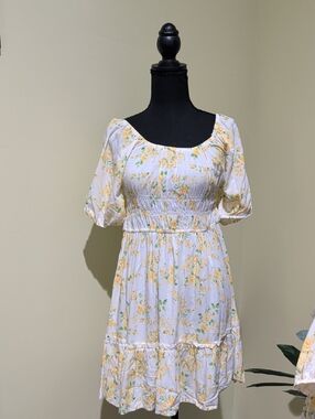 Place White Mini Dress with Yellow Floral Print